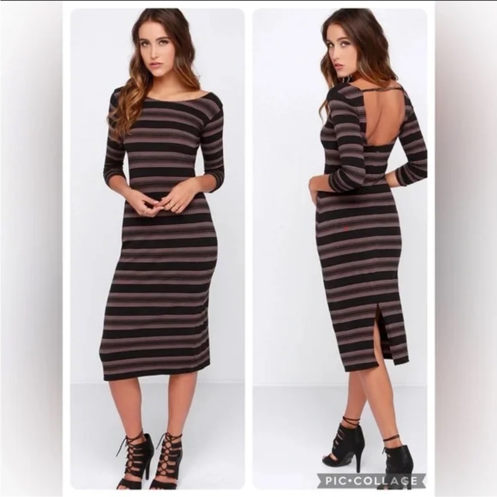 O'Neill Aries Black Taupe Striped Jersey Stretch Pencil Midi Dress Small S‎